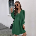 Elegant deep green V-neck long sleeve dress with ruched details and ruffled cuffs - S / Green