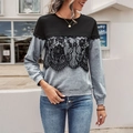 Sudadera de mujer con cuello redondo, encaje floral negro y diseño de bloques en gris - S / Gris
