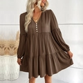 Dark brown V-neck tiered mini dress with lace patchwork bubble sleeves and buttons - Coffee Brown