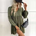 Short army green long sleeve V-neck tiered dress with buttons and smocked cuffs - S / Army Green