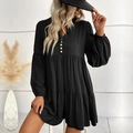 Women's black long sleeve tiered mini dress with V-neck drawstrings and wooden buttons - S / Black