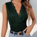 Slim fit sleeveless lace bodysuit in dark green with V-neck and eyelash lace trim - Dark Green
