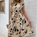 Beige pleated midi dress with black abstract print and waist tie belt for summer - S / Apricot