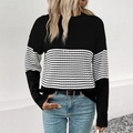 Women's crew neck striped knit sweater in black and white color block design - Black