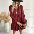 Elegant wine red V-neck long sleeve dress with button detail and layered skirt - S / Burgundy