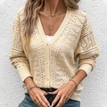 Chaqueta de punto calado beige para mujer con cuello en V y botones estilo casual - S / Albaricoque Beige