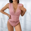 Pink lace V-neck sleeveless bodysuit with floral pattern and ruched waist detail - Pink