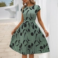 Short-sleeve sage green pleated dress with abstract geometric print and waist tie - S / Green