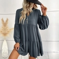 Dark grey blue long sleeve tiered dress with V-neck tie and lantern sleeves style - Dark Gray