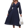 Marineblauwe geplooide midi-jurk met V-hals en transparante lange mouwen voor dames - S / Marineblauw