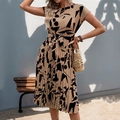 Sleeveless pleated midi dress with tan and black abstract geometric print and waist tie - S / Khaki