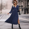 Elegant navy blue V-neck long sleeve maxi dress with pleated skirt and high side slit - S / Royal Blue