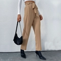 Pantaloni da donna a vita alta kaki modello paper bag con cintura per stile casual - S / Cachi