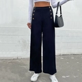 Women high waisted black wide leg trousers with decorative side buttons and relaxed fit - S / Black