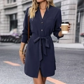 Elegante abito a camicia blu navy a maniche lunghe con scollo a V e cintura - XL / Blu Notte