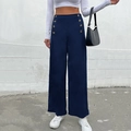 Women's high-waisted navy blue wide leg pants with double-breasted amber buttons - S / Navy Blue
