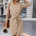 Robe chemise kaki à manches longues avec ceinture à nouer et col montant chic - Kaki