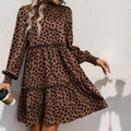 Brown leopard print long sleeve tiered dress with smocked cuffs and a high neckline - Coffee Brown