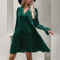 Elegantes dunkelgrünes V-Ausschnitt Samtkleid mit Stufenrock und langen Ärmeln - S / Dunkelgrün