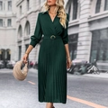 Deep green long sleeve pleated dress with V-neck wrap and vintage buckle waist belt - Dark Green