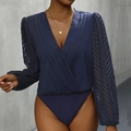 Elegant navy blue V-neck long sleeve bodysuit with pleated texture and sheer finish - S / Navy Blue