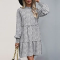 Long sleeve tiered dress with black and white marble print and a high neckline - S / White