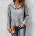 Women's grey quilted long sleeve pullover with button lapel and kangaroo pocket - S / Light Gray