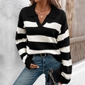 Maglione in maglia a righe bianche e nere da donna con colletto polo e scollo a V - S / Albicocca Nero