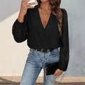 Black V-neck wrap bodysuit with pleated details and sheer long puff sleeves - S / Black