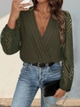 Women's deep green V-neck bodysuit featuring pleated front and sheer lace long sleeves - S / Army Green