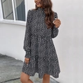 Women's long sleeve leopard print patchwork dress with smocked high neck and tiered skirt - S / Black