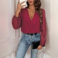 Deep V-neck wrap bodysuit in burgundy featuring sheer lace long sleeves with wave texture - Burgundy
