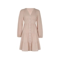 Detail view of pink V-neck long sleeve dress with tiered skirt and button front design - S / Apricot