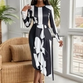 Slim fit long sleeve dress with black and white floral print and irregular hem design - S / Black & White
