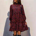 Women's long sleeve leopard print patchwork dress with high collar and ruffled hemline - Red & Black