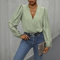 Elegant light green long sleeve bodysuit with pleated deep V-neck and sheer texture - S / Mint Green