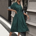 Dark green leopard print shirt dress with collar, buttons, and matching belt - S / Dark Green