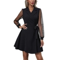 Elegante vestido blazer negro con mangas de tul de lunares y lazo en la cintura de mujer - S / Negro