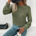 Women's long sleeve round neck knitted sweater in army green with striped texture - Army Green