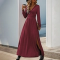 Elegant deep red V-neck maxi dress with lace trim, high waist and side slit detail - S / Burgundy