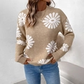 Women's khaki knit sweater featuring white daisy jacquard patterns and ribbed crewneck - S / Khaki