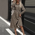 Brown long sleeve shirt dress with black polka dot print and waist belt for women - S / Khaki