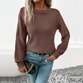 Women's dark brown crew neck long sleeve knit sweater with wide ribbing texture details - Coffee Brown