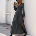 Elegant charcoal grey maxi dress with deep V-neck lace trim and high side slit - S / Dark Gray