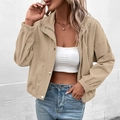 Damen Cordjacke in Hellkhaki mit Stehkragen und Reißverschluss, lässiger Streetwear-Stil - XL / Aprikose