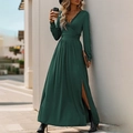 Robe longue vert foncé à manches longues, col en V, dentelle, taille haute et fente latérale - Vert Foncé