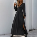 Elegant black V-neck maxi dress with lace trim and high side slit in a slim silhouette - S / Black