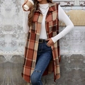 Women's long plaid vest sleeveless jacket with buttons and pockets in autumn brown - S / Orange Khaki