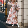 Robe longue fleurie à manches longues avec col en V et fente latérale en blanc cassé - Blanc