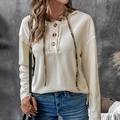 Sudadera de mujer en punto gofrado con cordón a cuadros y cuello con botones - S / Albaricoque